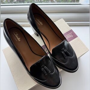 Clarks Artisan Tarah Rosie Black Leather Tassel Pumps Block Heel Comfort Size 7